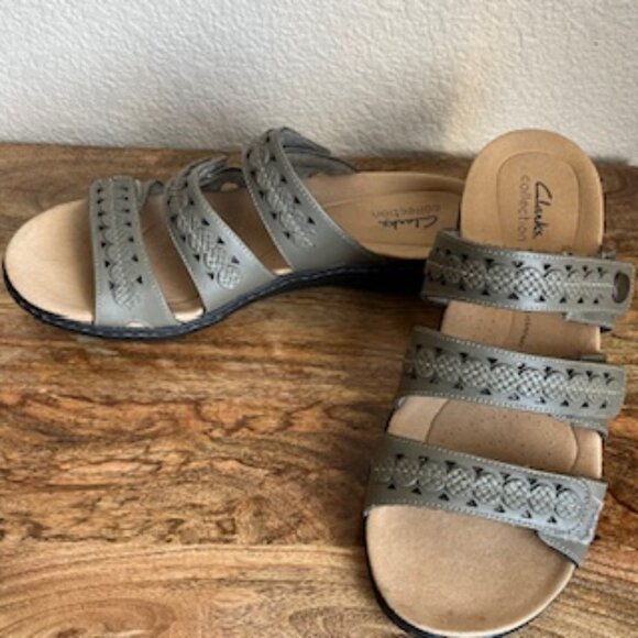 Clarks Laurieann Bella Olive Leather Slip-On Sandals - Picture 2 of 4